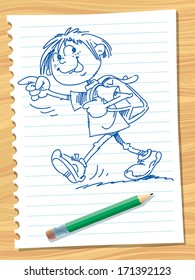 Sketch of school boy with backpack going to school.