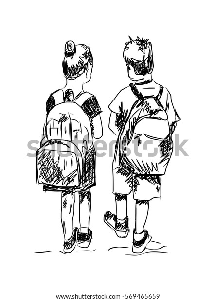 Sketch School Boy Girl Going School Stock Vector Royalty Free