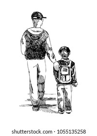 Sketch of school boy and his father going to school in vector.