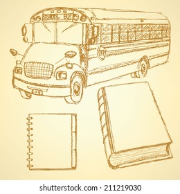 Sketch school bus, book and notebook, vintage set