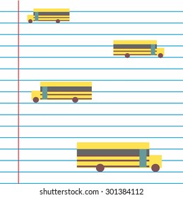 Sketch school bus in notebook, flat style, seamless pattern