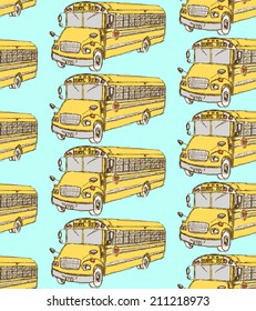 Sketch School Bus In Vintage Style, Seamless Pattern 