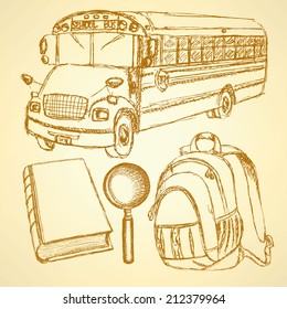 Sketch school bus,zoom,  book and notebook, vintage set 