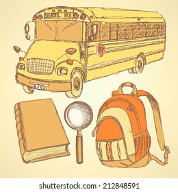 Sketch school bus,zoom,  book and notebook, vintage set 
