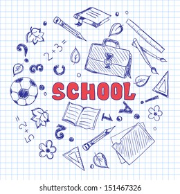 Sketch of school elements on a squared paper. Hand drawn illustration