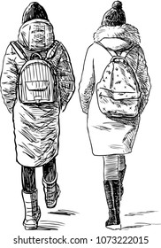 Sketch of the school friends going to school