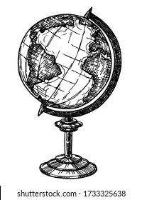Sketch school globe. Model of Earth.Hand drawn Geography icon. Black and white vector illustration in sketch style isolated.