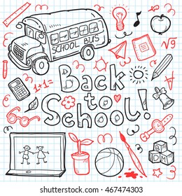 Sketch school items. Back to school. Vector illustration.