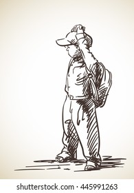 Esbozo del escolar con mochila, ilustración dibujada por la mano