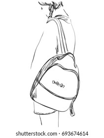 Sketch of schoolgirl with backpack from back