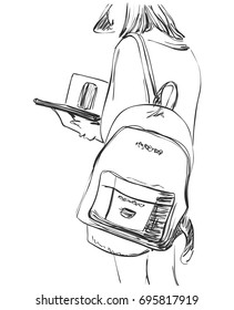 Sketch of schoolgirl with backpack from back