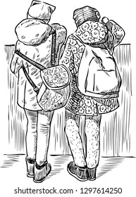 A sketch of schoolgirls having a rest on the quay