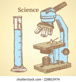 Sketch scientific set in vintage style, vector background