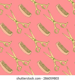 Sketch scissors and comb in vintage style, vector seamless pattern