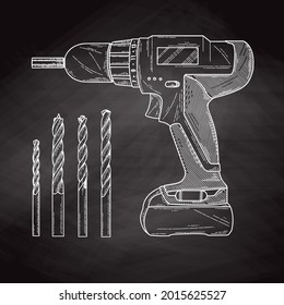 Sketch Screwdrivers with a drill isolated on blackboard. Vector illustration