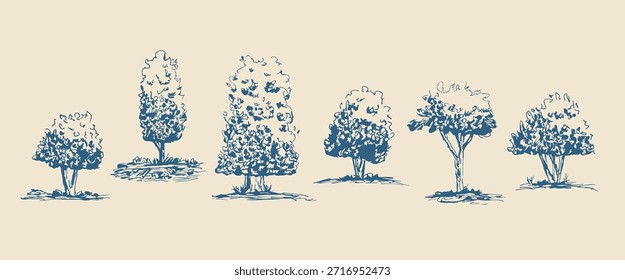 Esboçar coleção rabisco de árvores da floresta mediterrânea e arbustos. Silhuetas de arte desenhadas à mão em linha botânica. Ilustrações de natureza de tinta azul para projeto criativo. Formas de lápis de rabiscar de árvore vetorial.