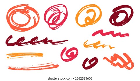 Esbozar elementos vectoriales de diseño gráfico de garabatos.  Trazos de marcador de inclinación. Trazos de pincel de tinta, giros circulares, líneas de onda. Arañazos escarlatos, bocear manchas de doodle. Dibujos desiguales de mano libre.