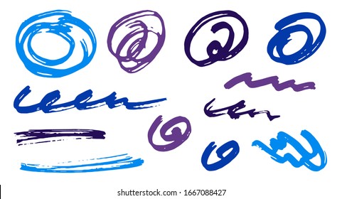 Sketch scribble doodle graphic design vector elements.  Cartoon marker traces. Ink brush strokes, round swirls, wavy lines. Scribble scratches, sketch doodle smears. Graffiti freehand drawings.
