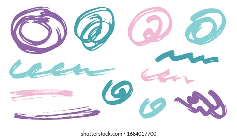 Sketch scribble doodle graphic design vector elements.  Cartoon marker traces. Ink brush strokes, round swirls, wavy lines. Scribble scratches, sketch doodle smudges. Graffiti freehand drawings.
