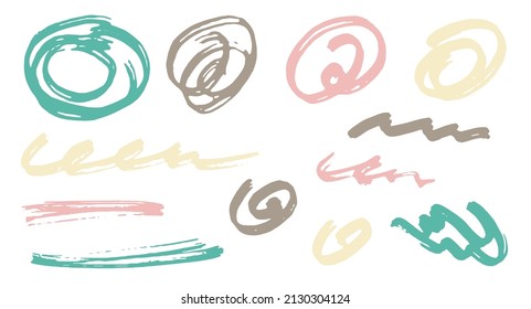 Sketch scribble doodle graphic design vector elements.  Cartoon marker traces. Paint brush strokes, round swirls, wavy lines. Scribble scratches, sketch doodle smudges. Abstract freehand drawings.