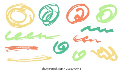 Sketch scribble doodle graphic design vector elements.  Draft marker traces. Paint brush strokes, circular swirls, wave lines. Scribble scratches, sketch doodle blots. Abstract freehand drawings.