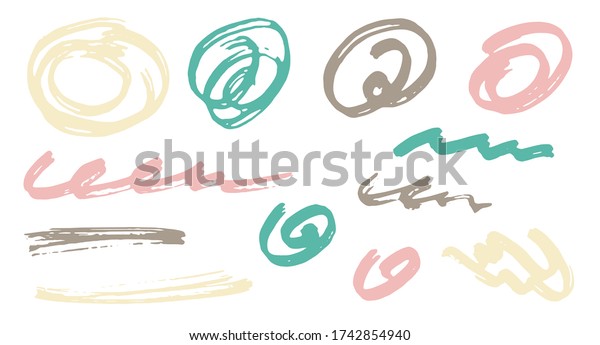 Sketch scribble doodle graphic design vector\
elements.  Isolated marker traces. Paint brush strokes, circular\
swirls, wave lines. Scribble scratches, sketch doodle daubs. Uneven\
freehand drawings.
