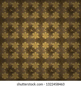 Sketch, scribble, doodle on brown and yellow colors. In vintage style. Seamless ornament. Geometric pattern. Linear pattern. Royal style. Lace pattern. Vector sketch. Repeated doodles. Vector sketch.