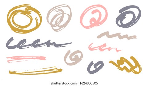Sketch scribble doodle pink gold gray graphic design vector elements.  Draft marker traces. Paint brush strokes, round swirls, wavy lines. Scribble scratches, sketch doodle smears. Graffiti drawings.
