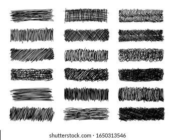 Sketch scribble smear. Set of eighteen black pencil smears in the shape of a rectangle on white background. Great design for any purposes. Vector illustration.