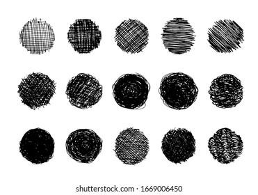 Sketch scribble smear. Set of fifteen black pencil drawings in the shape of a circle on white background. Great design for any purposes. Vector illustration.