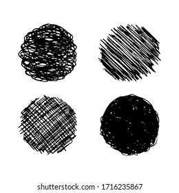 Sketch scribble smear. Set of four black pencil drawings in the shape of a circle on white background. Great design for any purposes. Vector illustration.