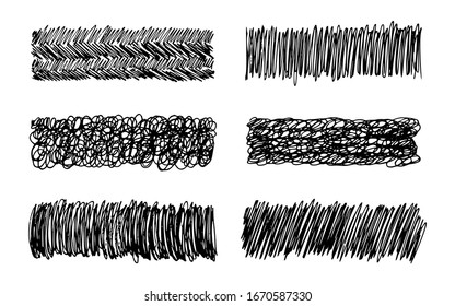 Sketch scribble smear. Set of six black pencil smears in the shape of a rectangle on white background. Great design for any purposes. Vector illustration.