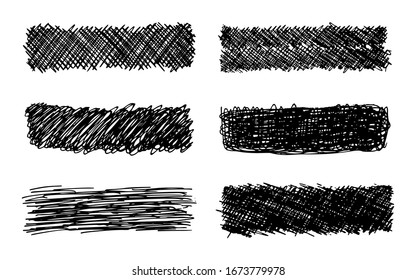 Sketch scribble smear. Set of six black pencil smears in the shape of a rectangle on white background. Great design for any purposes. Vector illustration.