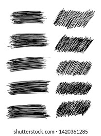 Sketch Scribble Smear. Set of ten Hand drawn Pencil Scribble Stains. Distressed Grunge Paint Roller. Vector illustration.