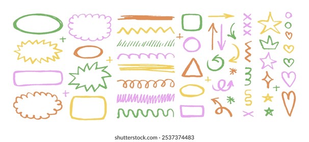 Sketch scribble underline set editable stroke, emphasis line shape. Hand drawn doodle brush highlight, arrow, speech bubble cloud. Simple vector illustrations