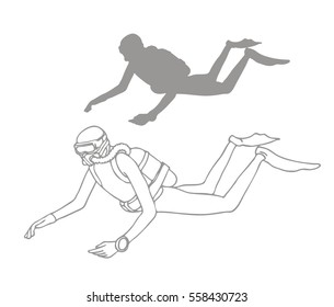 Sketch of scuba diver. Hand-drawn style.