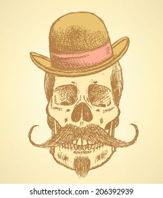 Sketch scull with mustache and in hat, background 