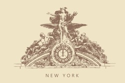 Sketch Of A Sculpture With A Clock On The Grand Central Terminal Building In New York, USA. Vintage Brown And Beige Card, Hand-drawn, Vector.  Statue's Silhouettes From Lines. Old Design.