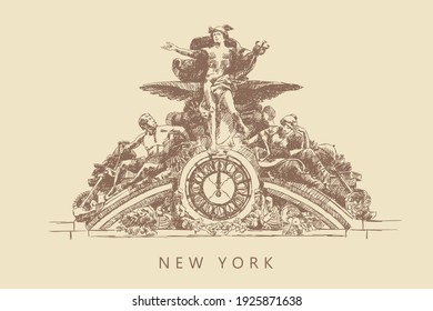 Sketch of a sculpture with a clock on the Grand Central Terminal building in New York, USA. Vintage brown and beige card, hand-drawn, vector.  Statue's silhouettes from lines. Old design.