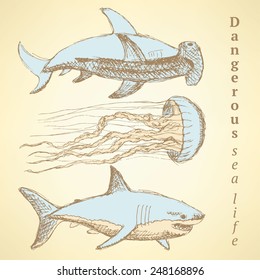 Sketch sea creatures in vintage style, vector 