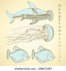 Sketch sea creatures in vintage style, vector
