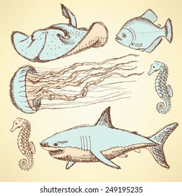 Sketch sea creatures in vintage style, vector