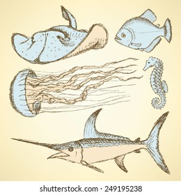 Sketch sea creatures in vintage style, vector