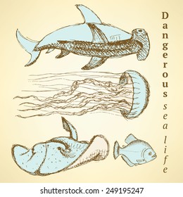 Sketch sea creatures in vintage style, vector