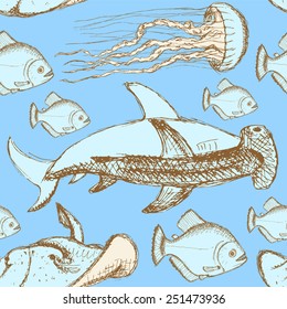 Sketch sea creatures in vintage style, vector seamless pattern