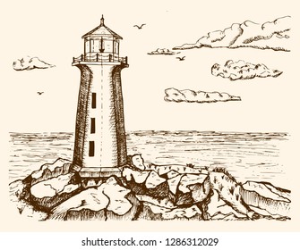 Sketch of a sea landscape with a lighthouse on a cliff. Calm at sea, in the sky seagulls and clouds. Hand drawn sketch in vintage engraving style. Vector illustration