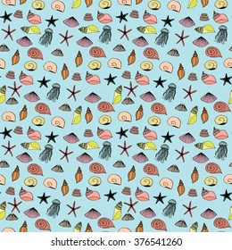 Sketch of sea life elements. Hand drawn doodles. Sea life seamless pattern