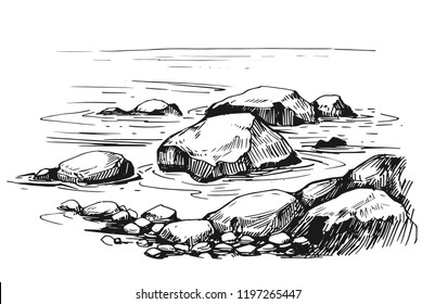 Sketch with sea and rocks. Hand drawn illustration converted to vector