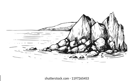 Sketch with sea and rocks. Hand drawn illustration converted to vector