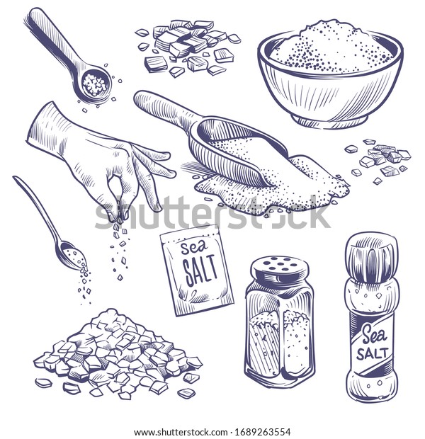 Sketch sea salt. Hand drawn spice, seasoning\
packaging. Glass bottles with salt powder, salting crystals vintage\
engraved vector kitchenware\
set